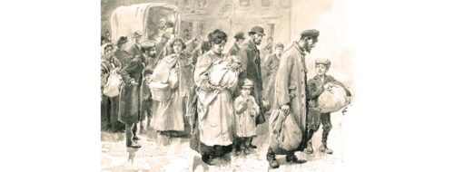 An illustration of Jewish migrants arriving from Russia and Poland in the late 19th or early 20th century (The History of London)