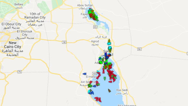 : Ships stuck either side of the Suez Canal, 24 March (Pole Star, from https://maritime-executive.com)